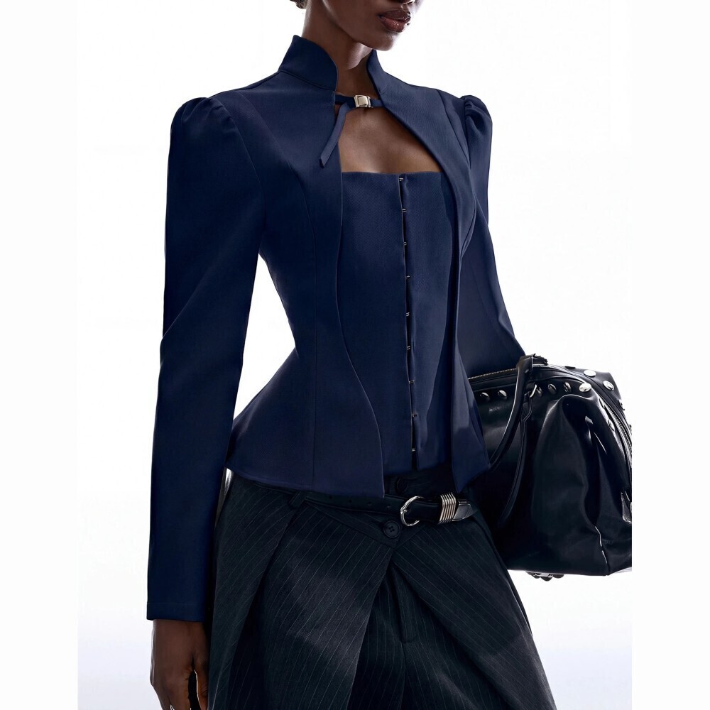 Navy Woven Stand Collar Sweetheart Cutout Peplum Blazer
